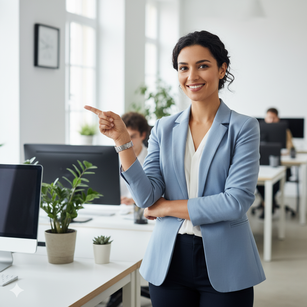 A professional woman in an office setting, pointing to the right with a confident and friendly expression, dressed in business attire. The background shows a clean, modern workspace with bright and welcoming ambiance.